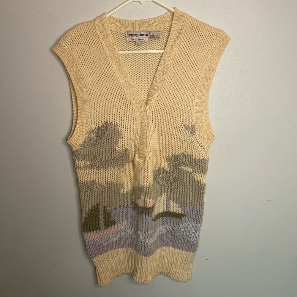 Lauren Hansen Hand Loomed Knit 95% Wool Vest Nautical Sailboat Boat Water Medium